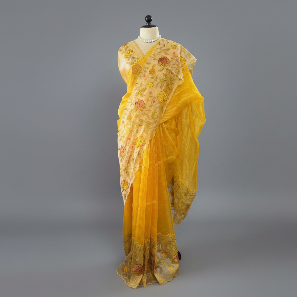 Sunshine Yellow Pure Tissue Embroidery Silk Saree