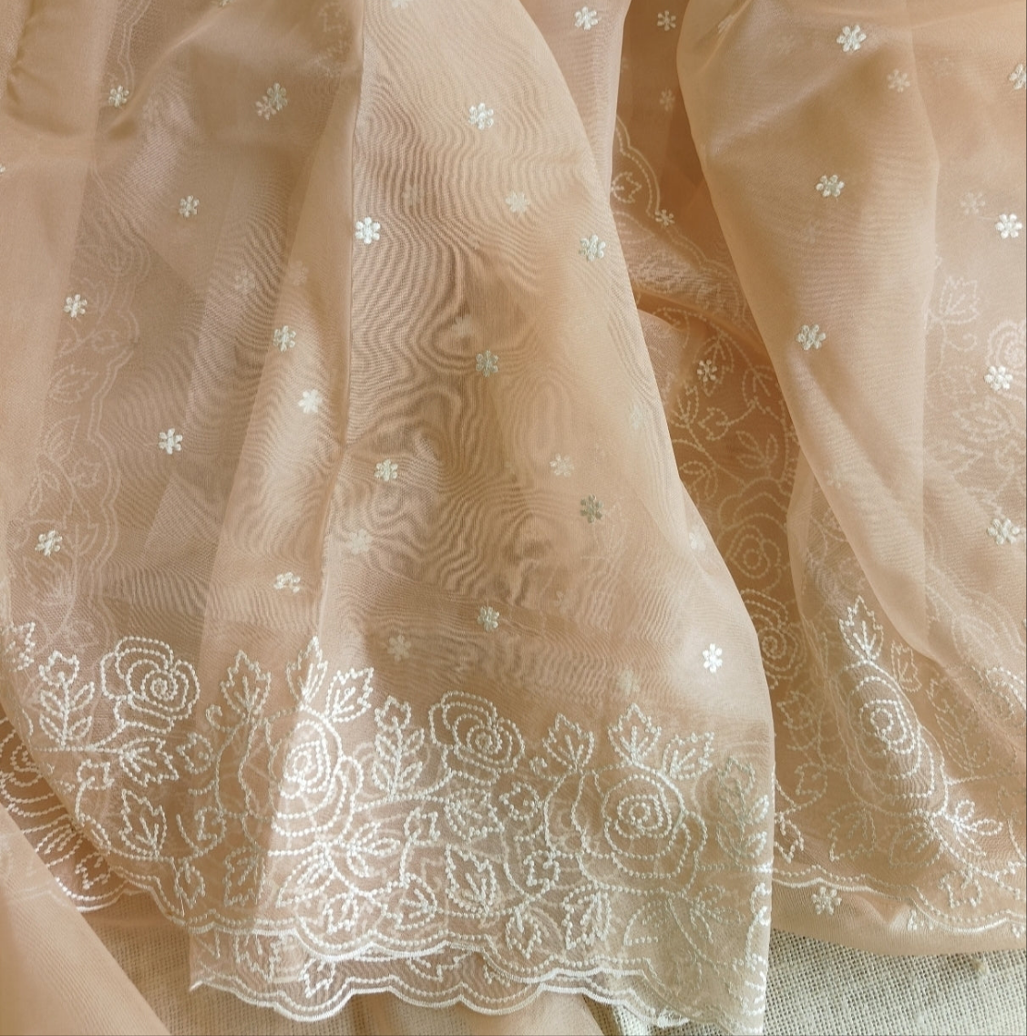 Sai Pallavi Beige Floral Scallop Embroidery Organza Saree