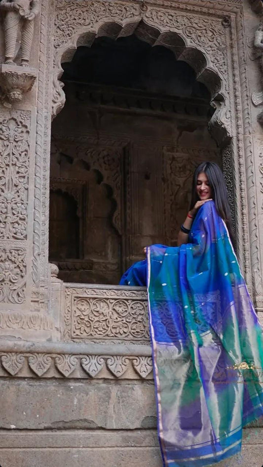 Peacock blue Maheshwari silk cotton saree