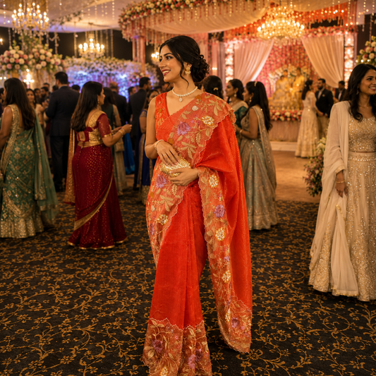 Orange Pure Tissue with Organza Embroidery Silk Saree