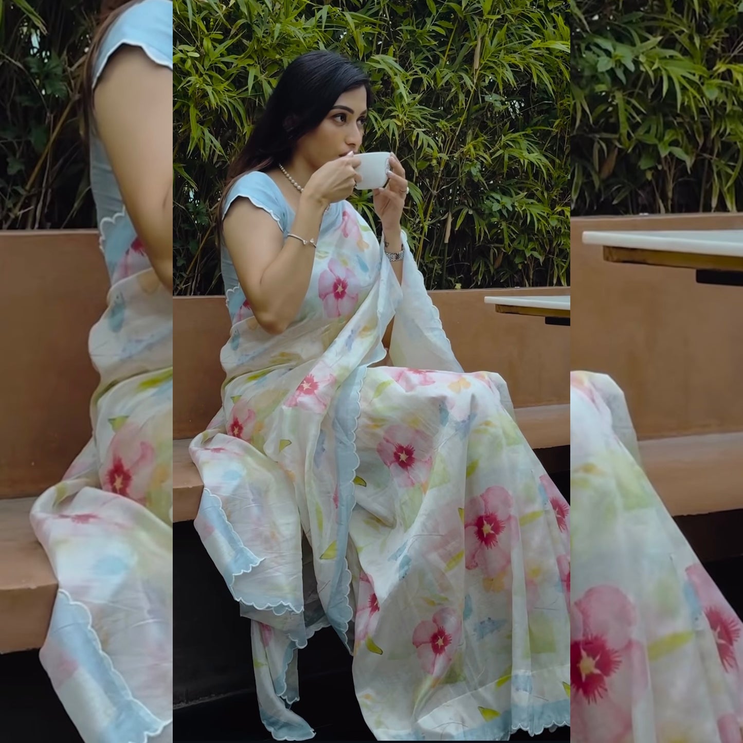 White Watercolour Florals Pure Mangalagiri Silk Saree