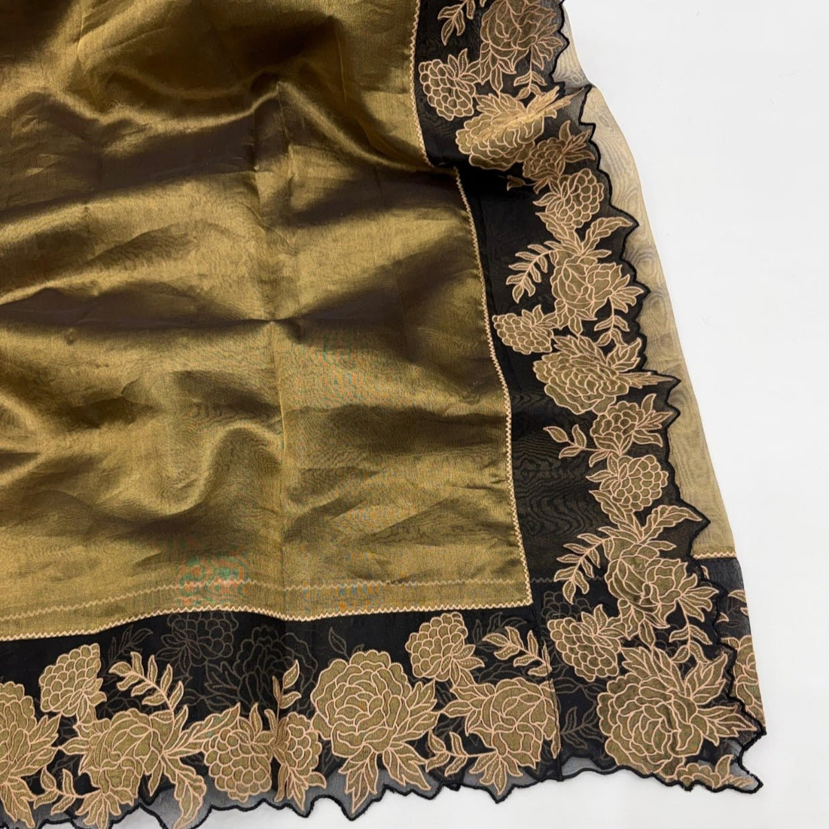 Antique Gold Pure Tissue Applique Embroidery Saree - Vini's Ethnic