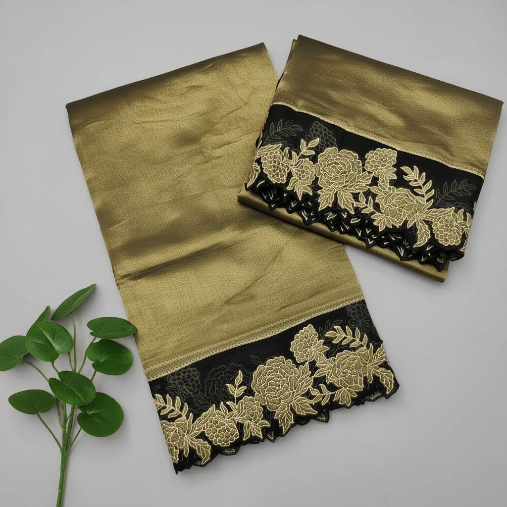 Antique Gold Pure Tissue Applique Embroidery Saree - Vini's Ethnic