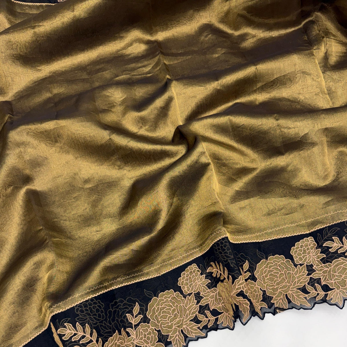 Antique Gold Pure Tissue Applique Embroidery Saree - Vini's Ethnic
