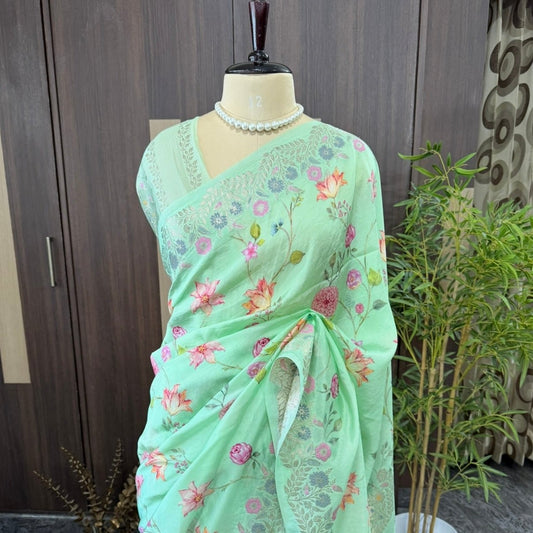 Aqua Mint Multicolour Floral Crepe Silk Saree - Vini's Ethnic
