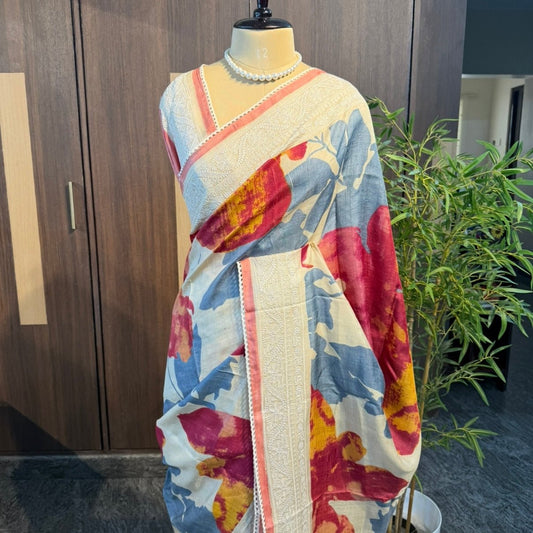 Aurelia Bloom Pure Tussar Embroidery Saree - Vini's Ethnic