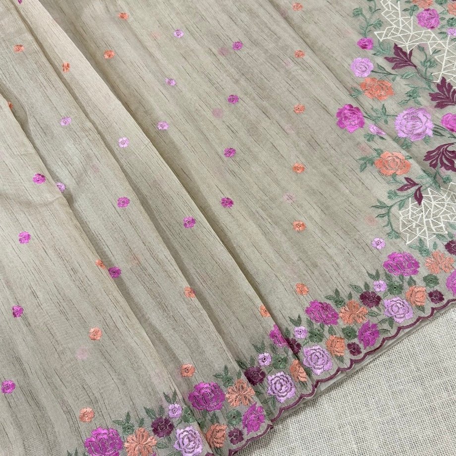 Beige Floral Embroidery Tussar Saree - Vini's Ethnic
