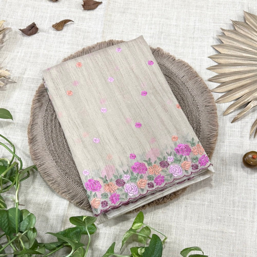 Beige Floral Embroidery Tussar Saree - Vini's Ethnic