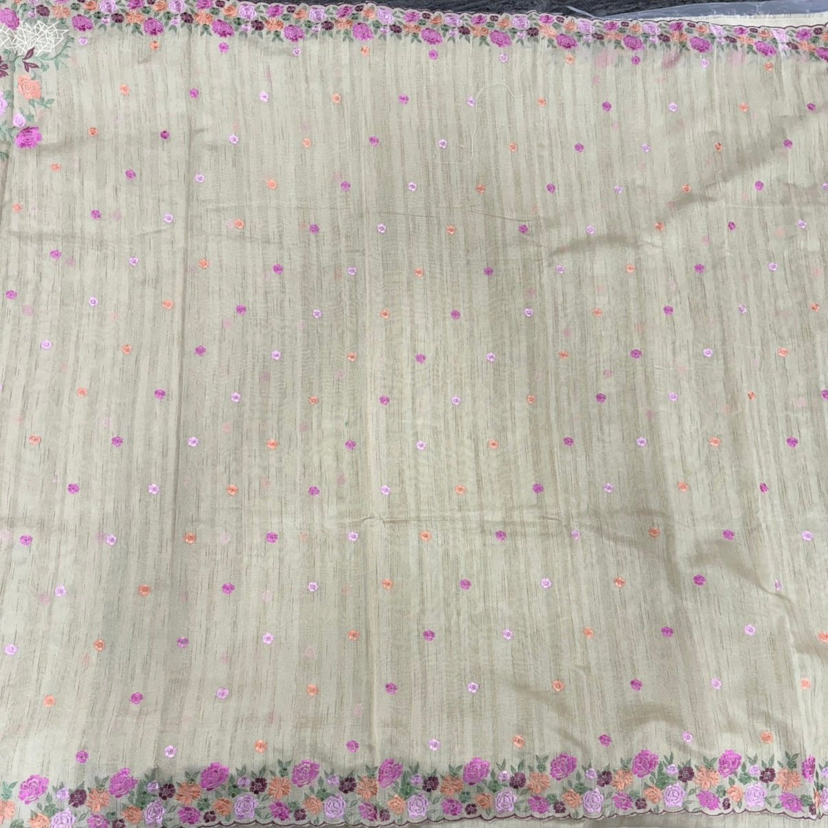 Beige Floral Embroidery Tussar Saree - Vini's Ethnic