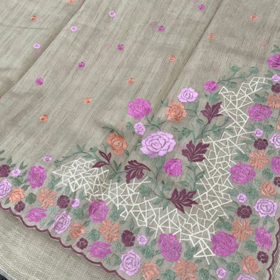 Beige Floral Embroidery Tussar Saree - Vini's Ethnic