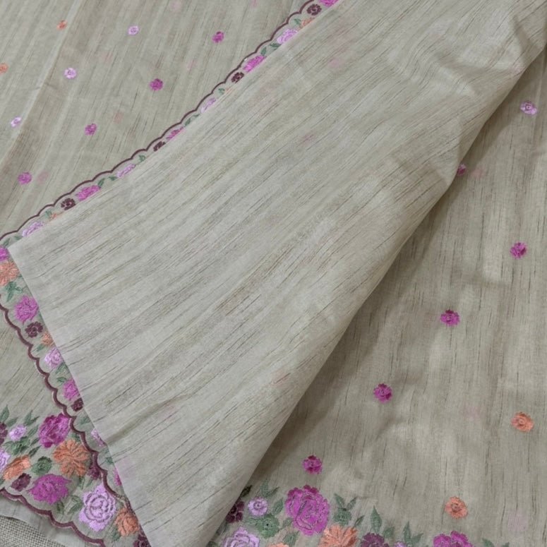 Beige Floral Embroidery Tussar Saree - Vini's Ethnic