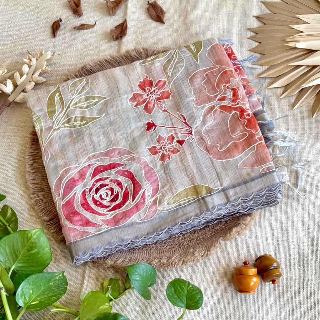 Beige n Grey Floral Embroidery Scallop Chapa Tussar Saree - Vini's Ethnic