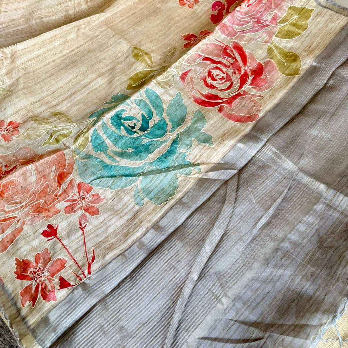 Beige n Grey Floral Embroidery Scallop Chapa Tussar Saree - Vini's Ethnic