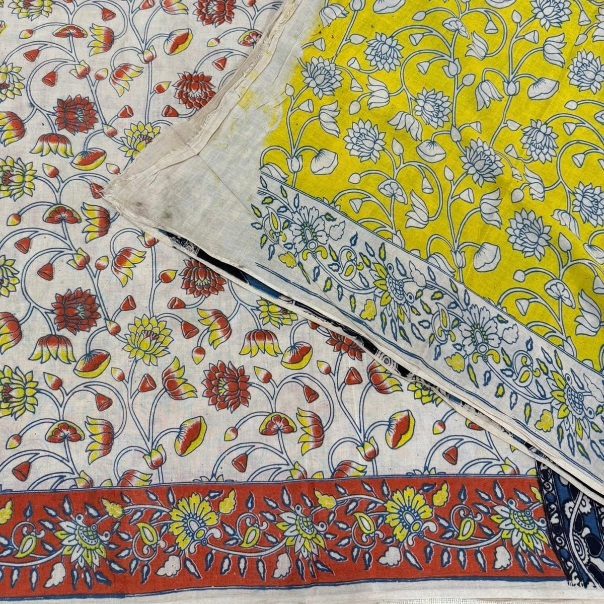 Beige Orange Floral Kalamkari Cotton Saree - Vini's Ethnic
