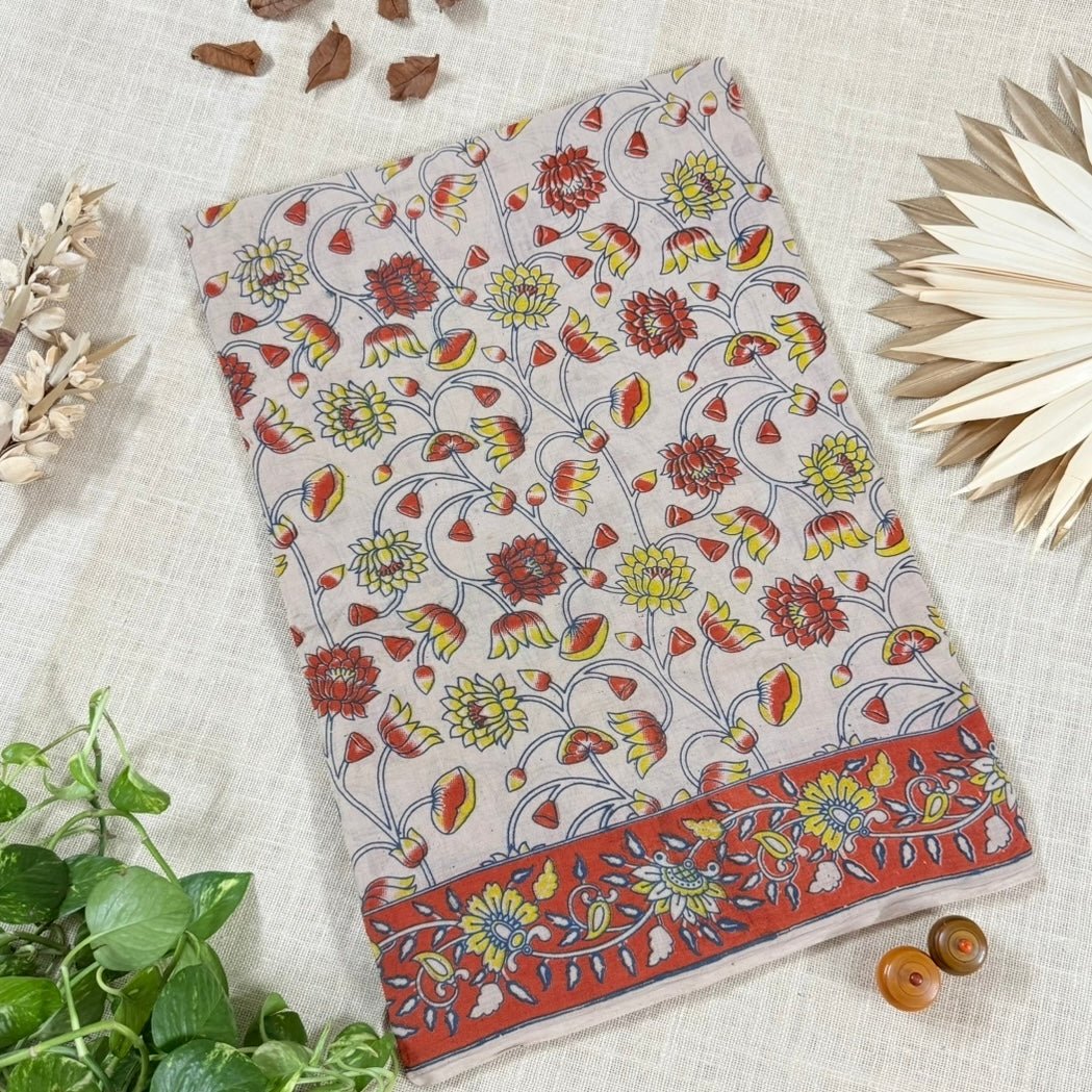 Beige Orange Floral Kalamkari Cotton Saree - Vini's Ethnic