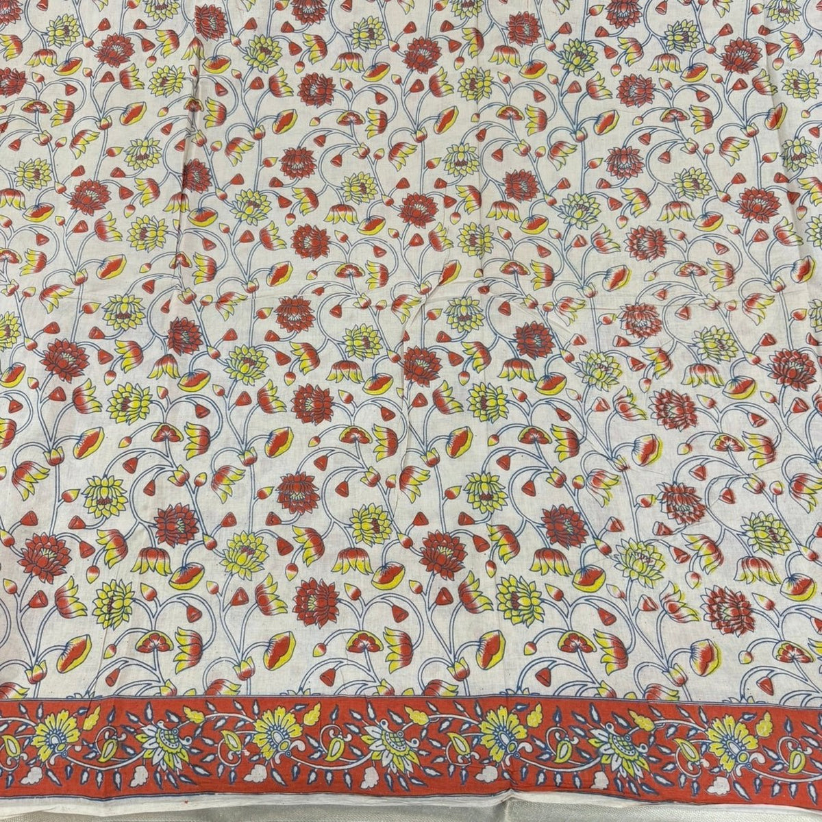 Beige Orange Floral Kalamkari Cotton Saree - Vini's Ethnic