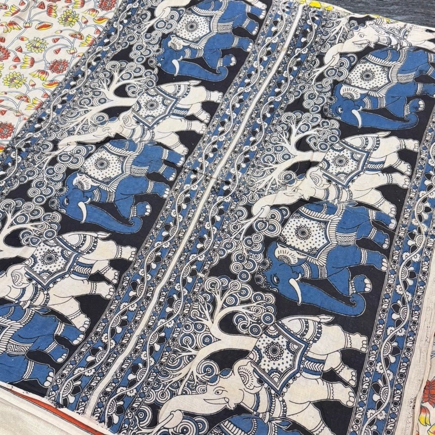 Beige Orange Floral Kalamkari Cotton Saree - Vini's Ethnic