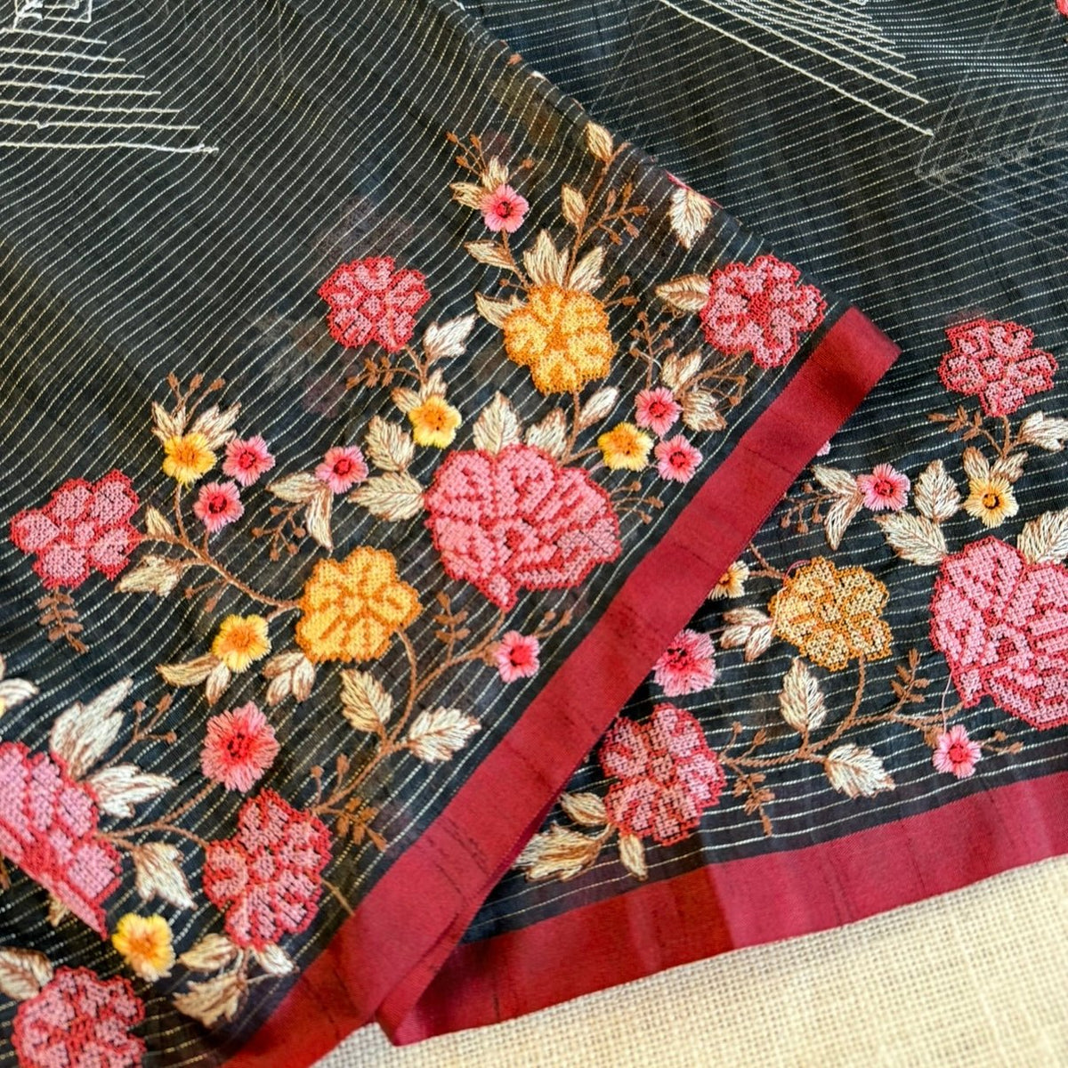 Black Kota Tissue Embroidery Saree - Vini's Ethnic