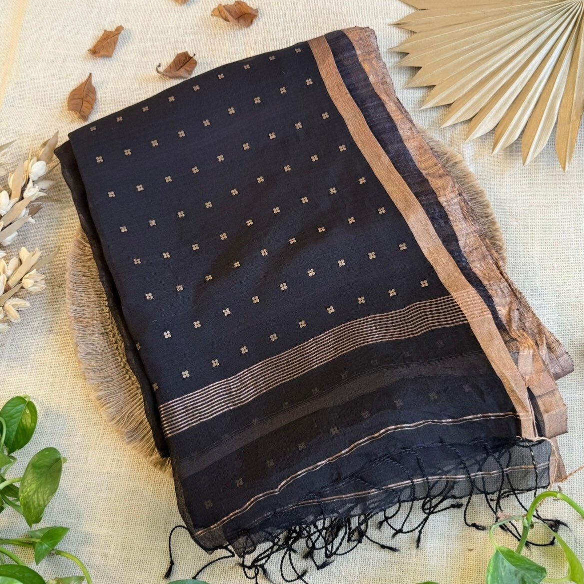 Black Pure Muslin Sequin Saree - Vini's Ethnic