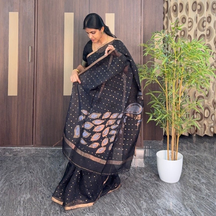 Black Pure Muslin Sequin Saree - Vini's Ethnic