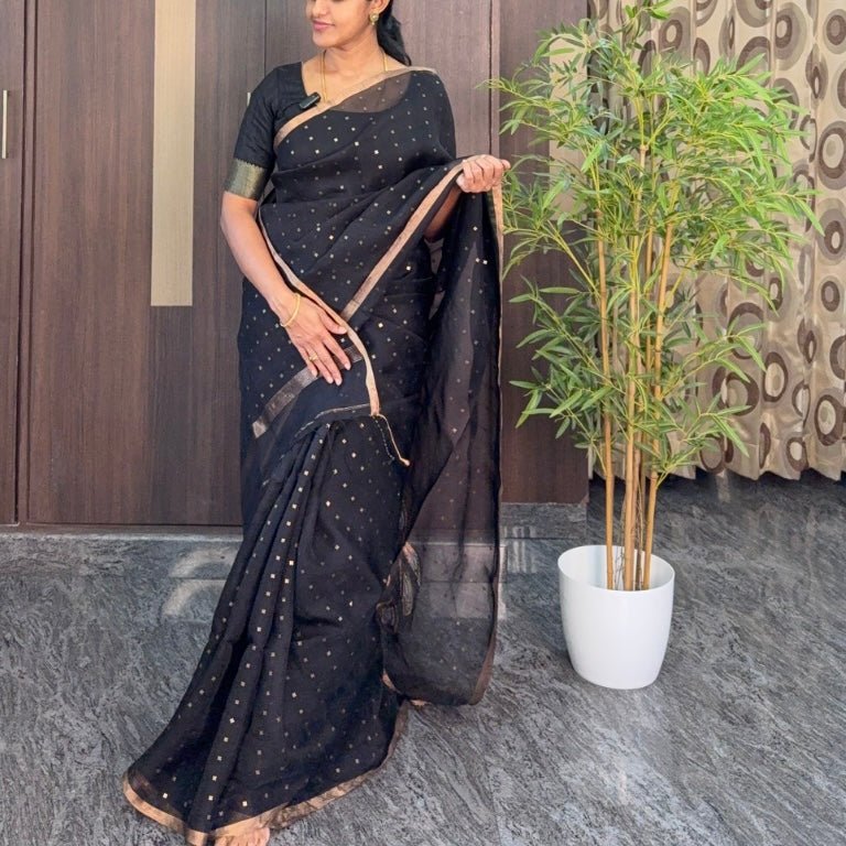 Black Pure Muslin Sequin Saree - Vini's Ethnic