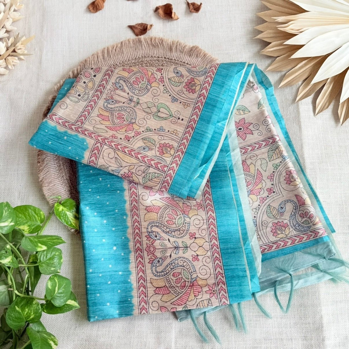 Blue Madhubani Semi Tussar Saree - Vini's Ethnic
