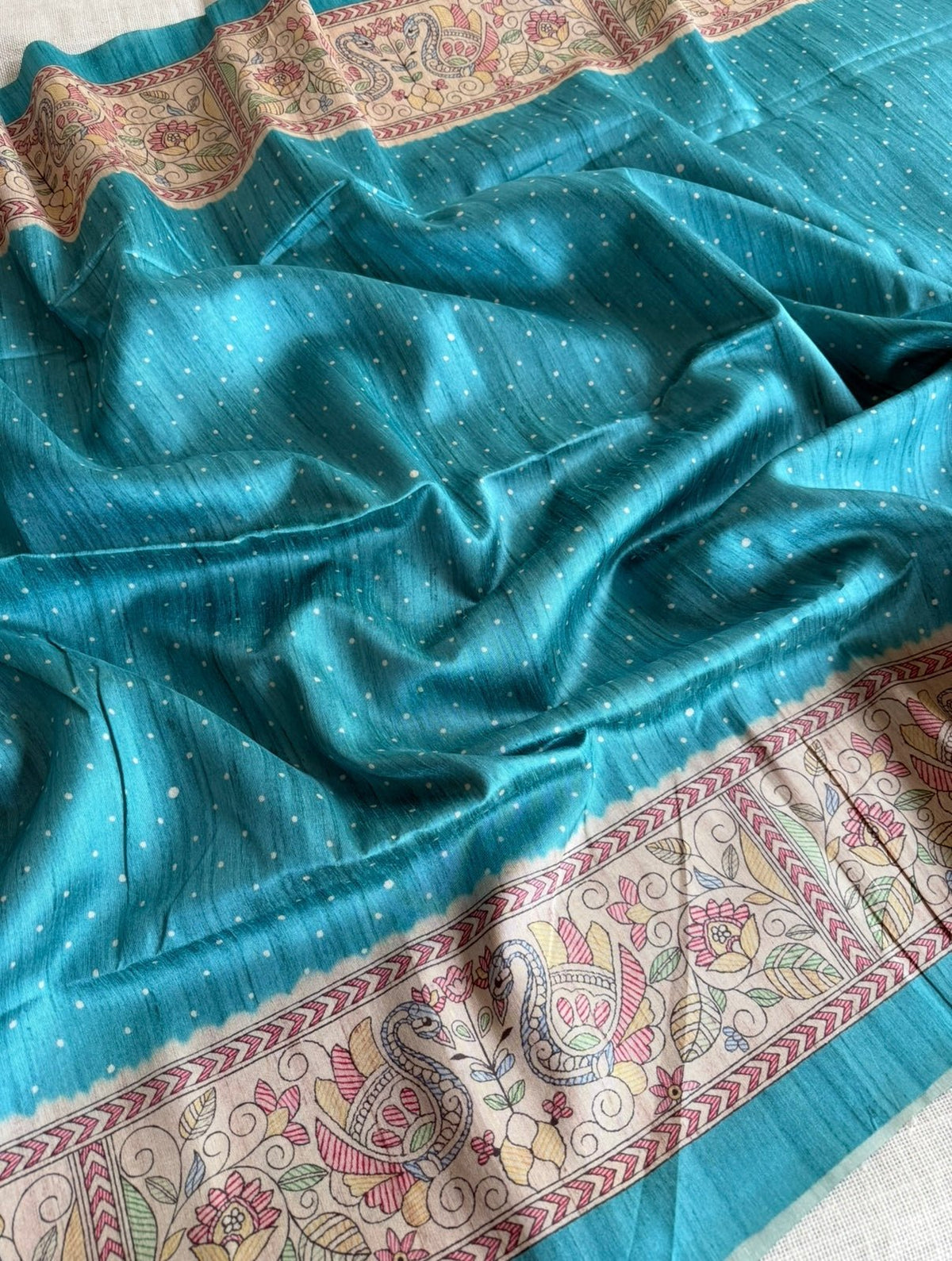 Blue Madhubani Semi Tussar Saree - Vini's Ethnic