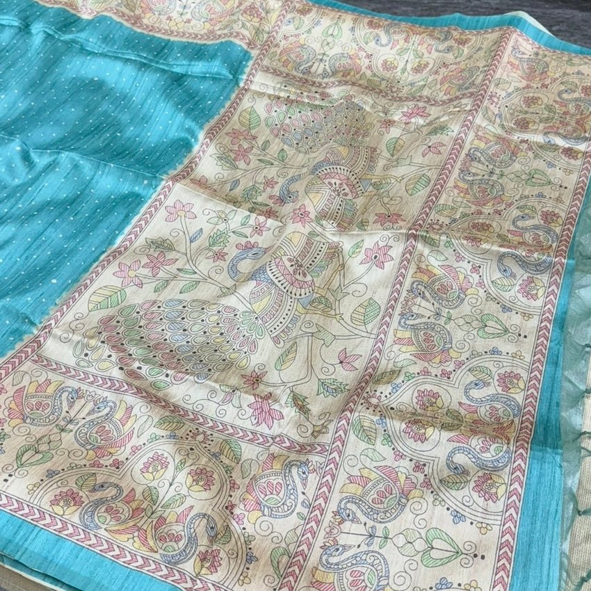 Blue Madhubani Semi Tussar Saree - Vini's Ethnic