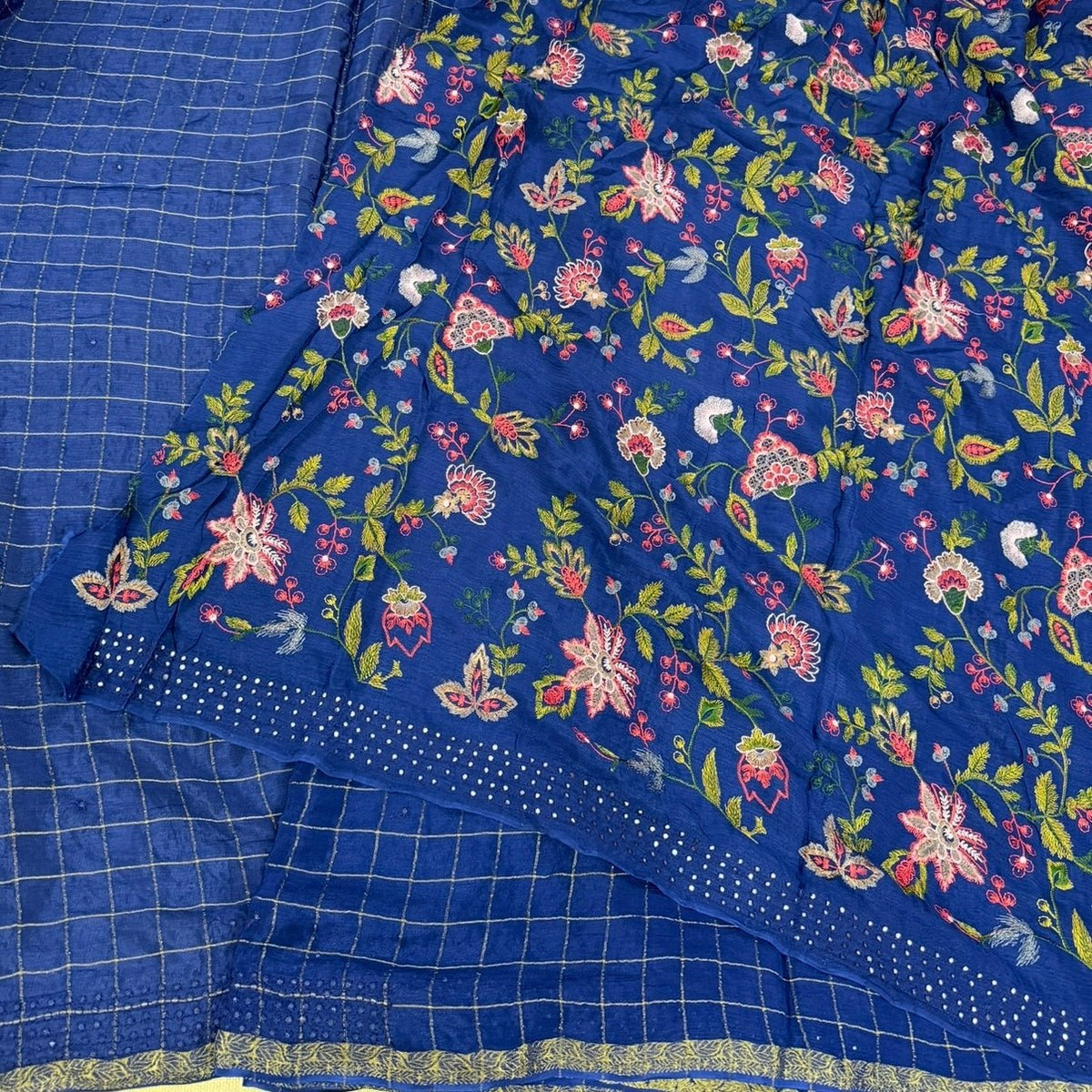 Blue Zari Checks Mirror Chinnon Silk Saree - Vini's Ethnic