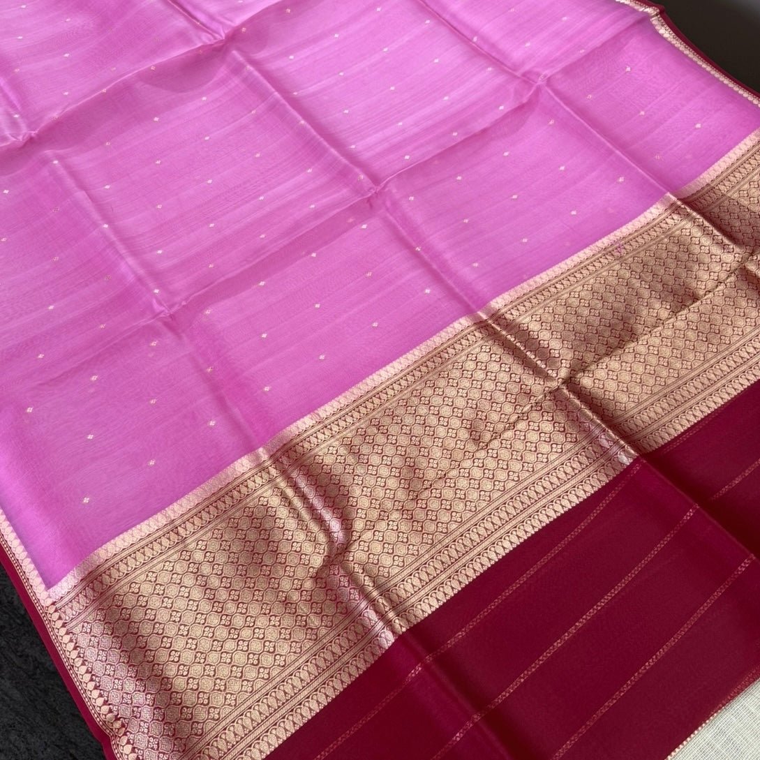 Blush Pink With Red Pure Kora Silk Saree - Vini's Ethnic
