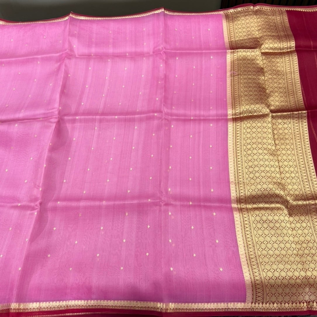 Blush Pink With Red Pure Kora Silk Saree - Vini's Ethnic