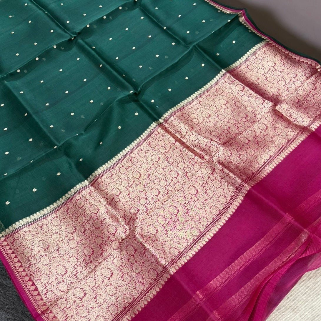 Bottle Green with Rani Pink Pure Kora Silk Saree - Vini's Ethnic