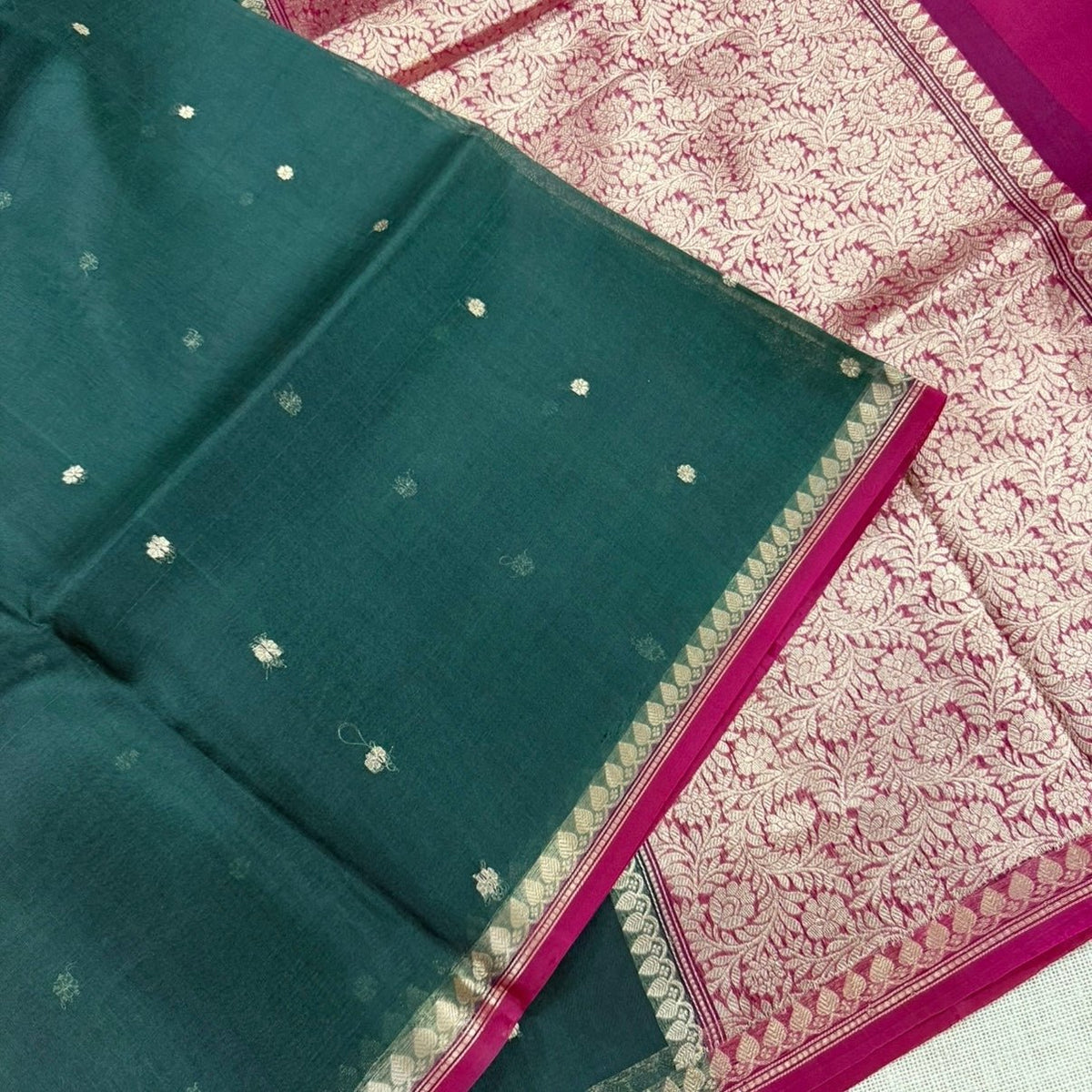 Bottle Green with Rani Pink Pure Kora Silk Saree - Vini's Ethnic