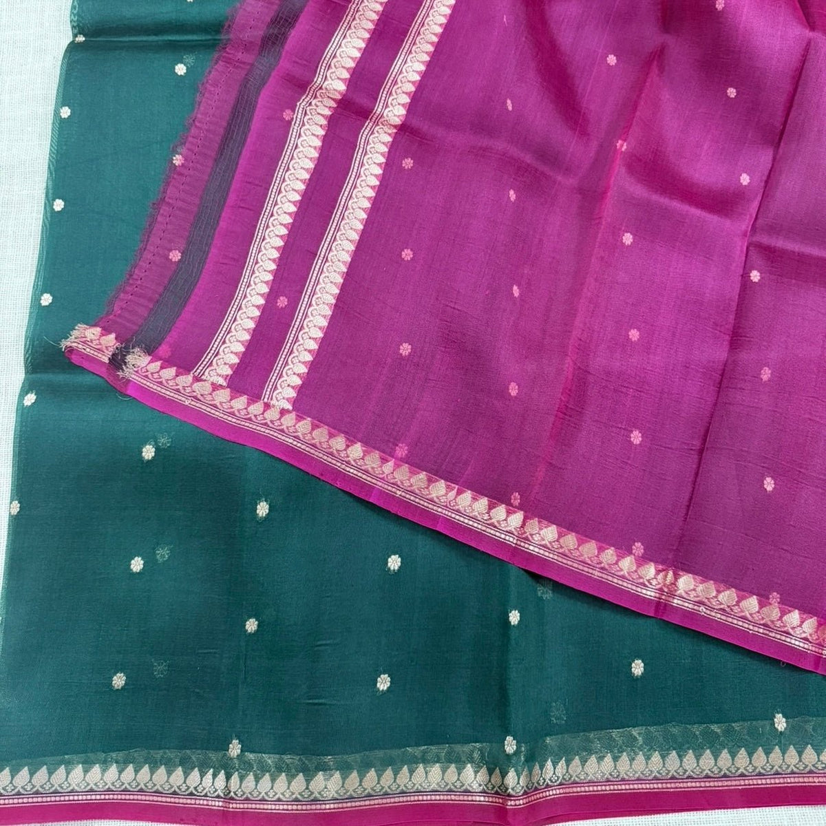 Bottle Green with Rani Pink Pure Kora Silk Saree - Vini's Ethnic