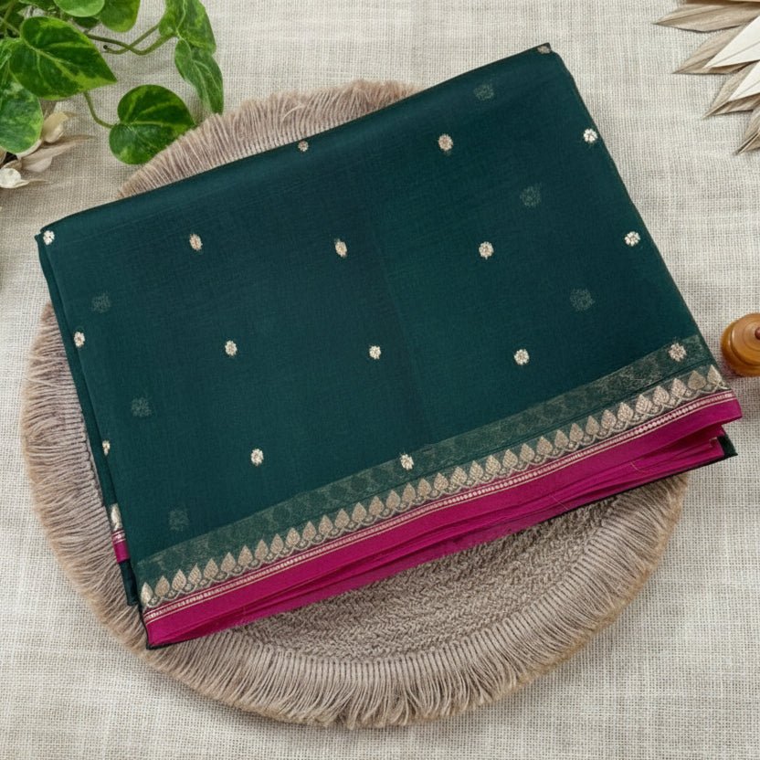 Bottle Green with Rani Pink Pure Kora Silk Saree - Vini's Ethnic