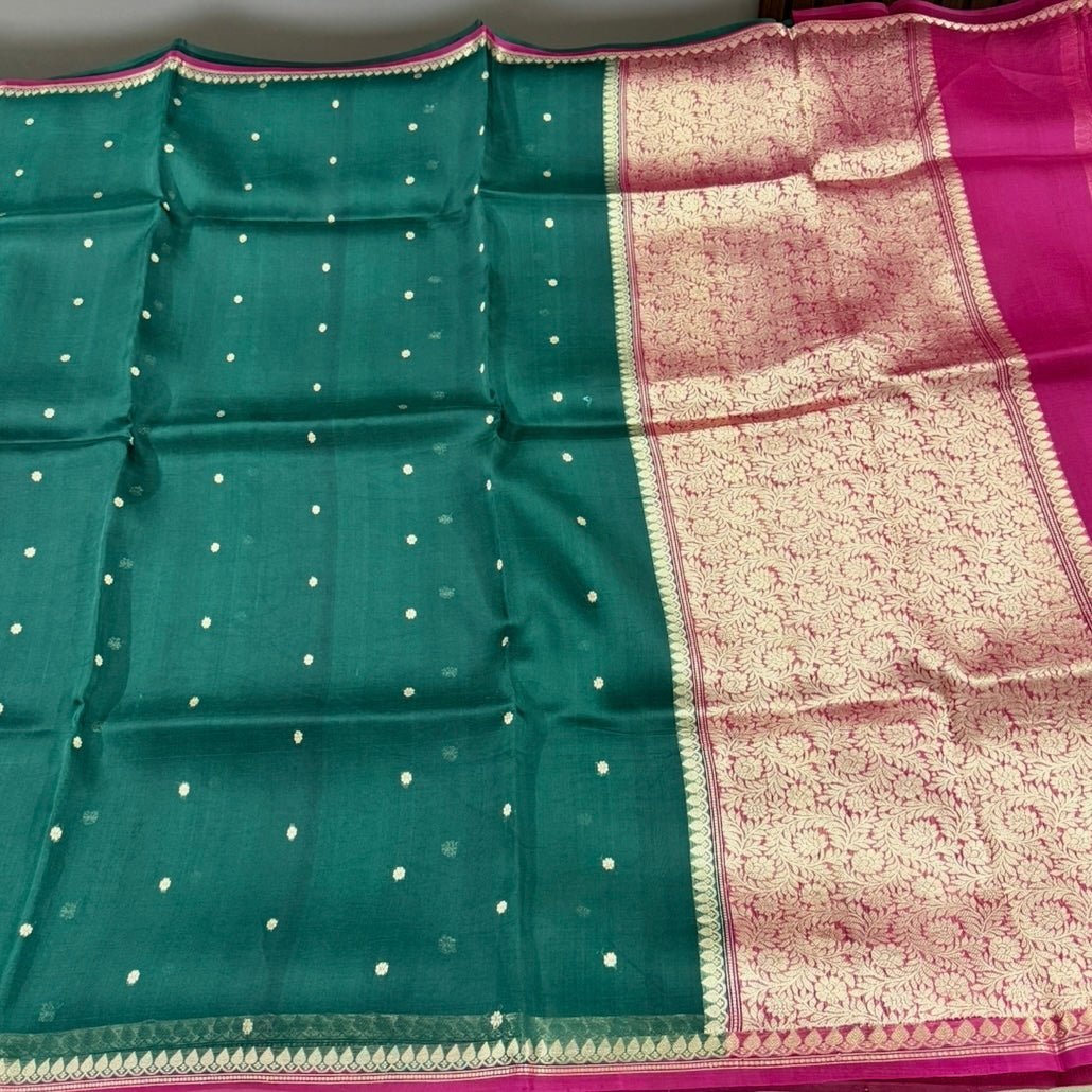 Bottle Green with Rani Pink Pure Kora Silk Saree - Vini's Ethnic