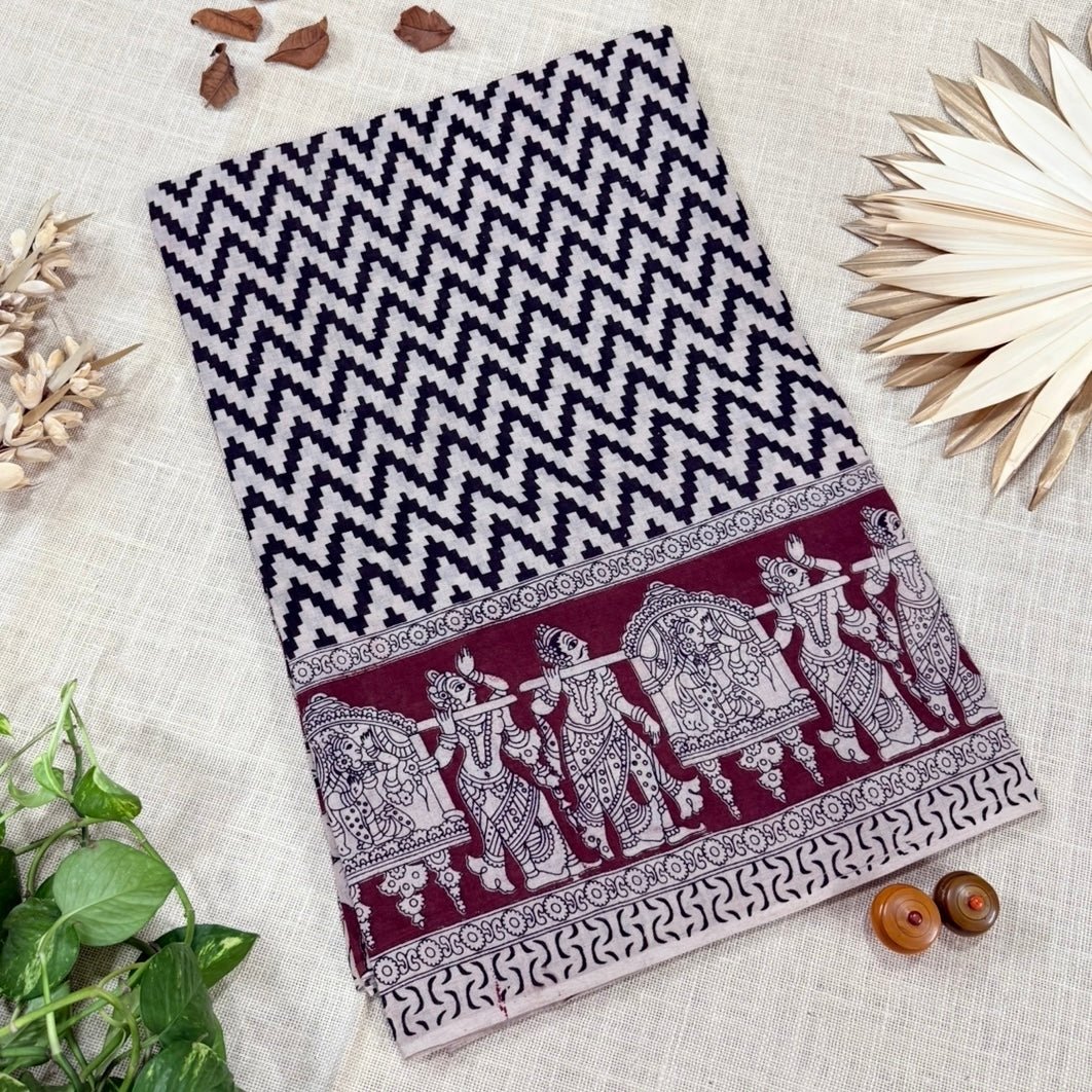 Brown Black Zigzag Kalamkari Cotton Saree - Vini's Ethnic