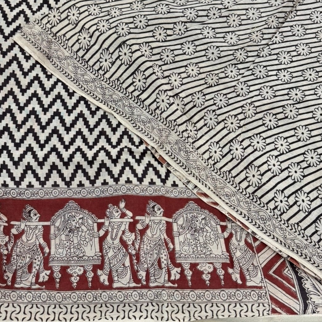 Brown Black Zigzag Kalamkari Cotton Saree - Vini's Ethnic