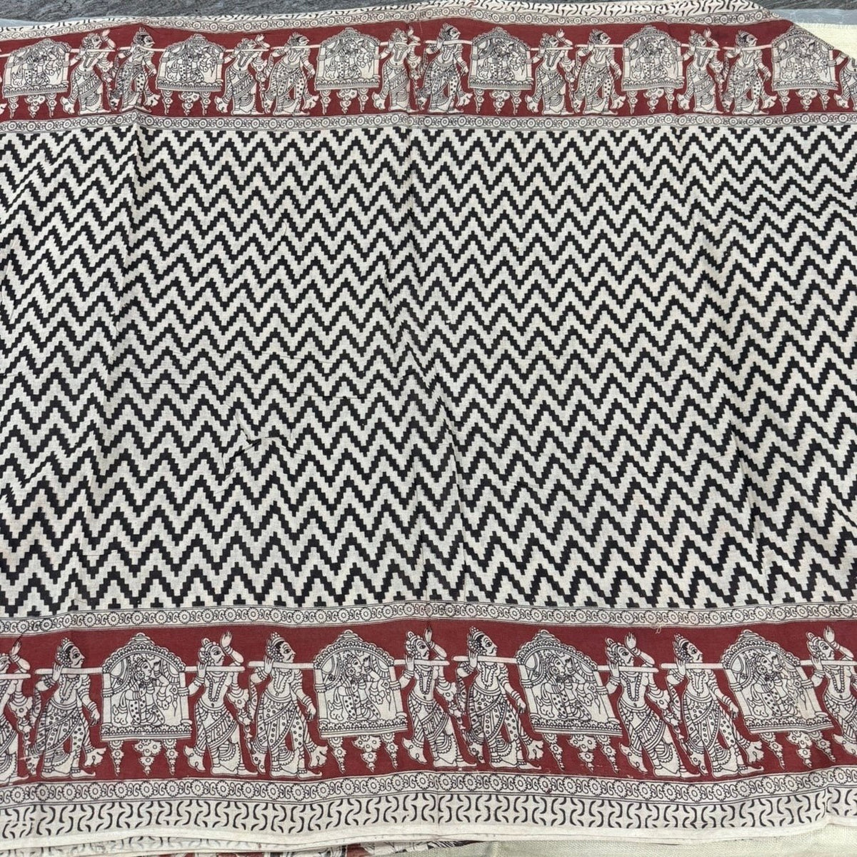 Brown Black Zigzag Kalamkari Cotton Saree - Vini's Ethnic