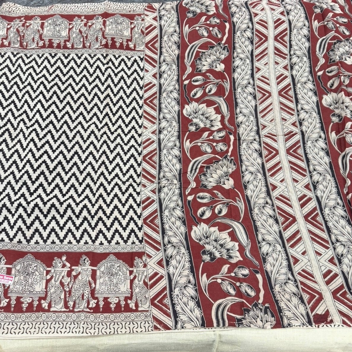 Brown Black Zigzag Kalamkari Cotton Saree - Vini's Ethnic