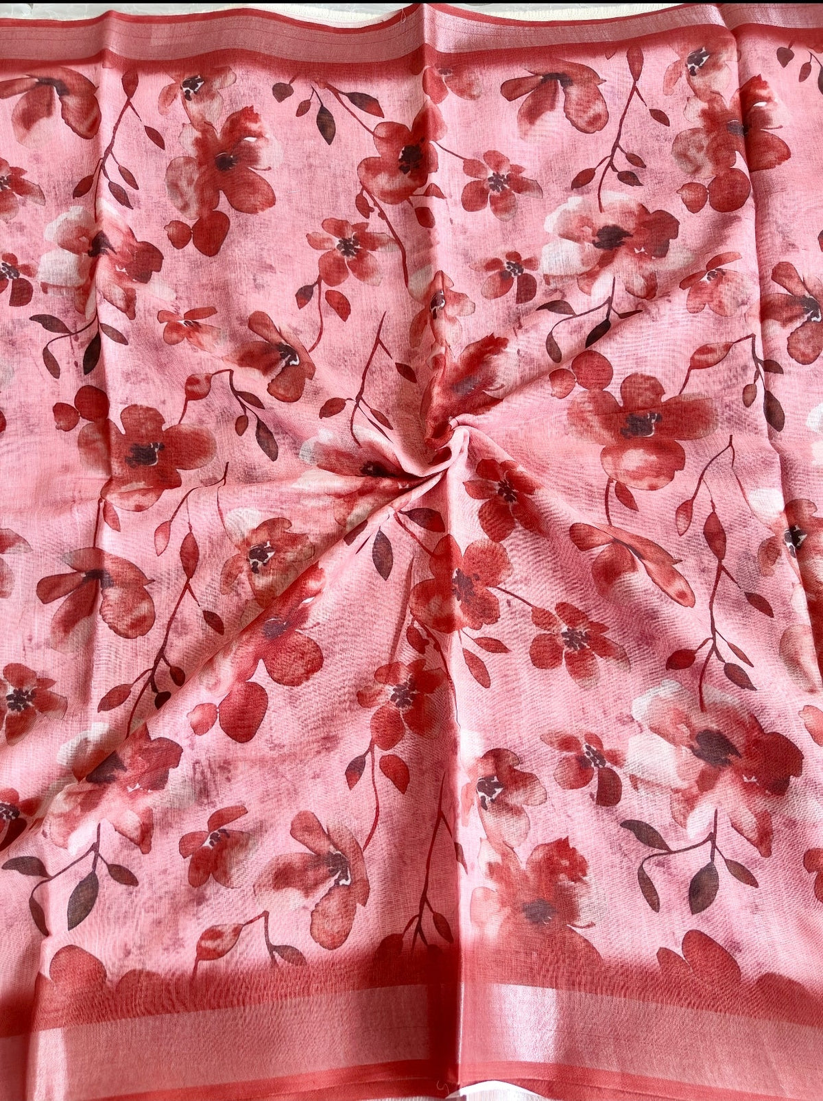 Brown Floral Linen Saree - Vini's Ethnic
