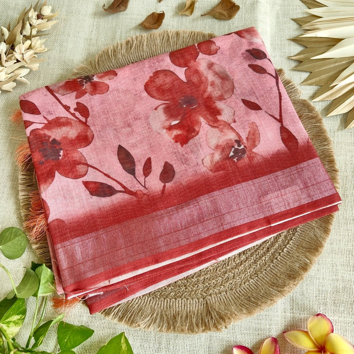 Brown Floral Linen Saree - Vini's Ethnic