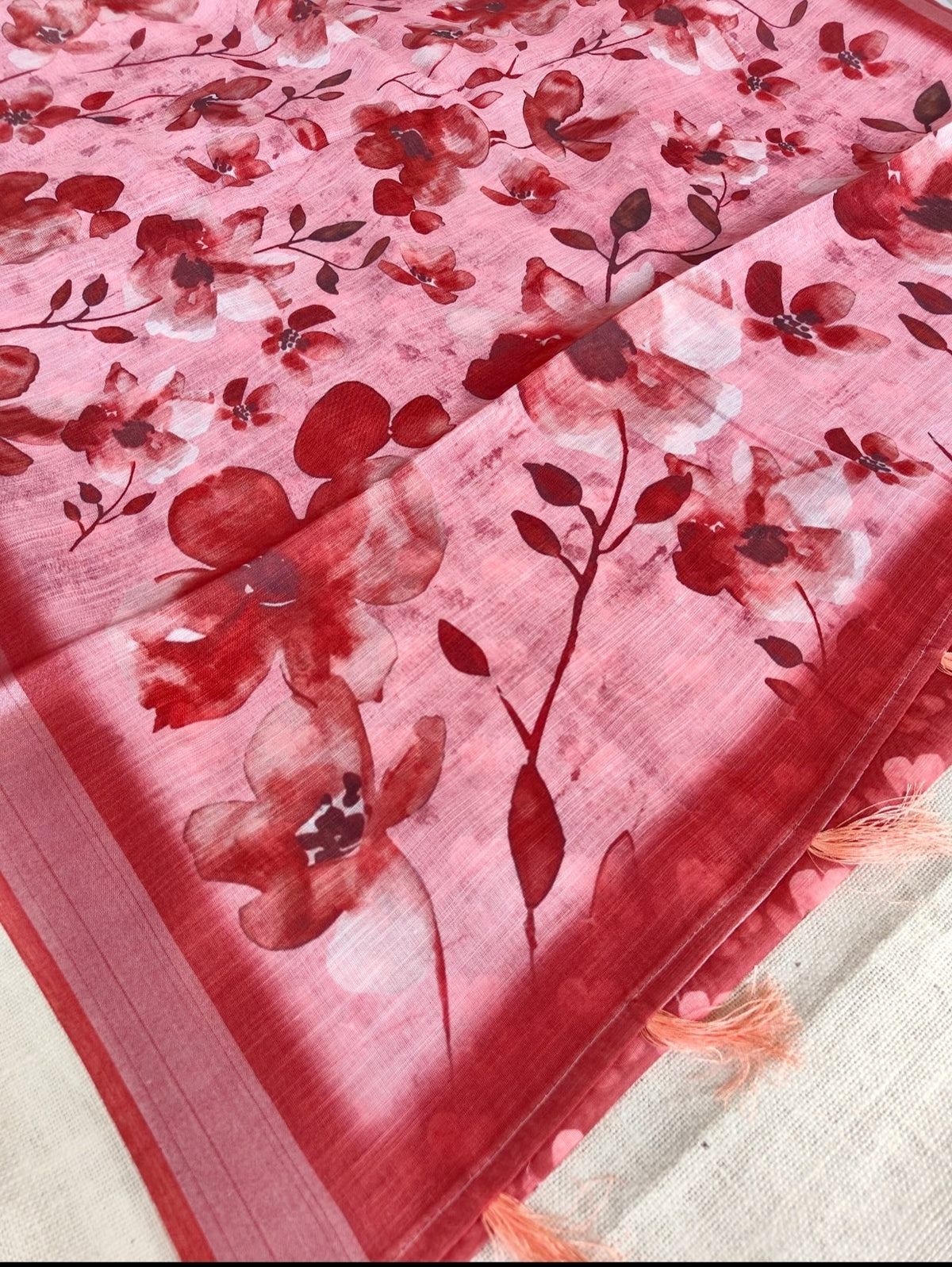Brown Floral Linen Saree - Vini's Ethnic