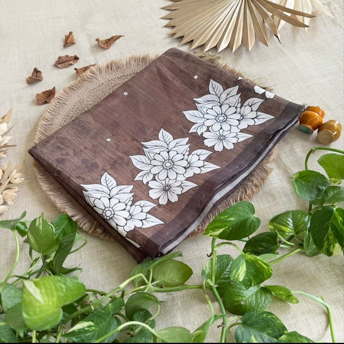 Brown Floral Semi Tussar Saree - Vini's Ethnic