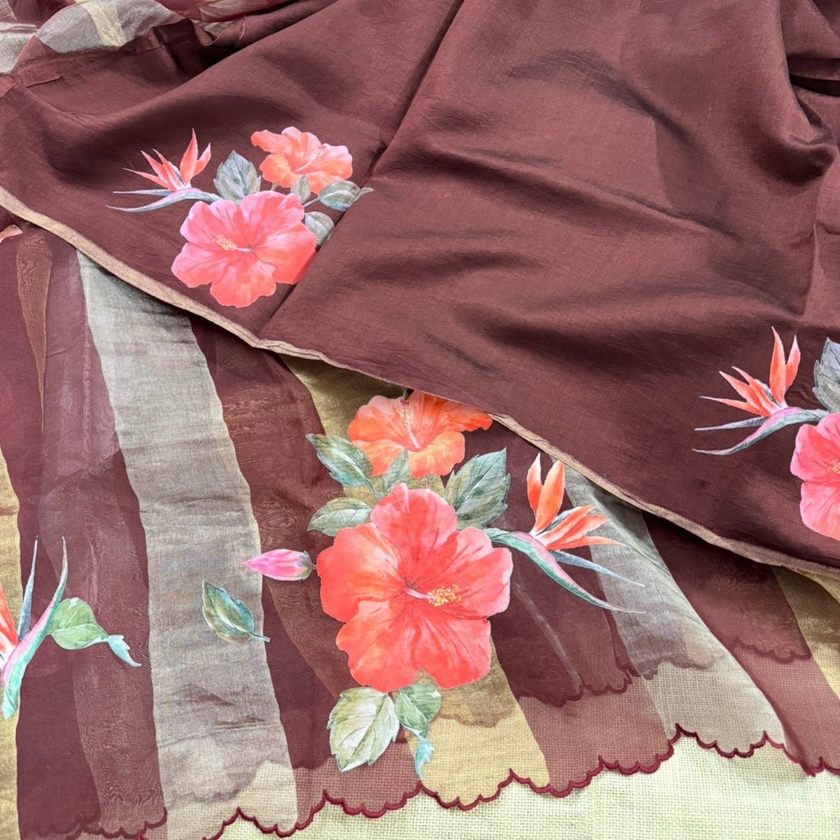 Brown Gold Stripes Floral Pure Tissue Organza Saree - Vini's Ethnic
