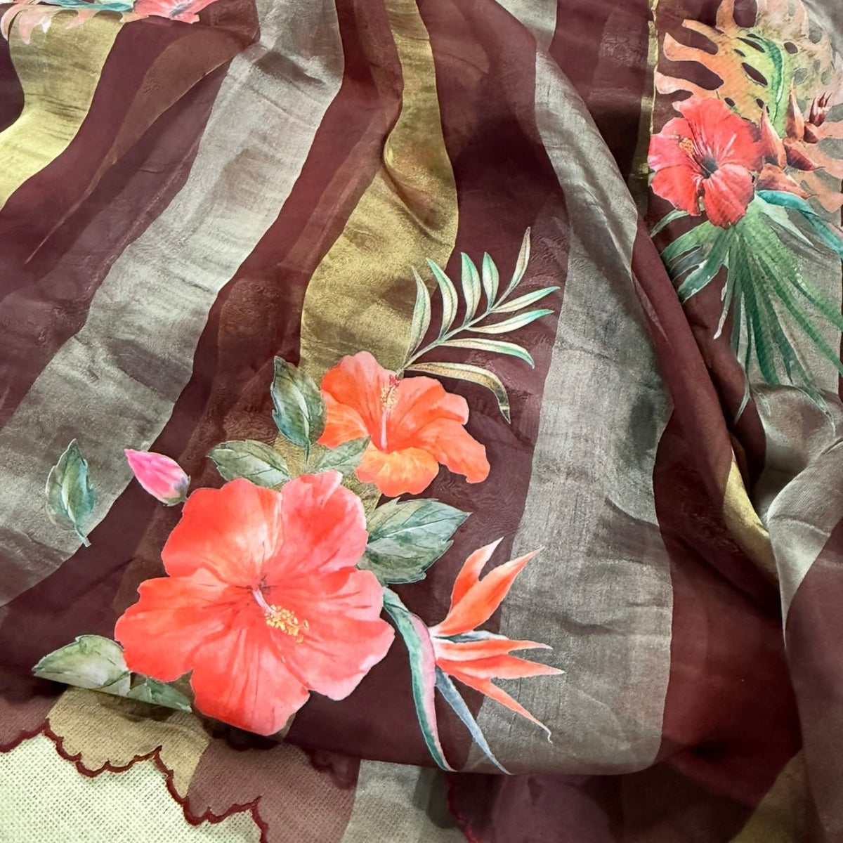 Brown Gold Stripes Floral Pure Tissue Organza Saree - Vini's Ethnic