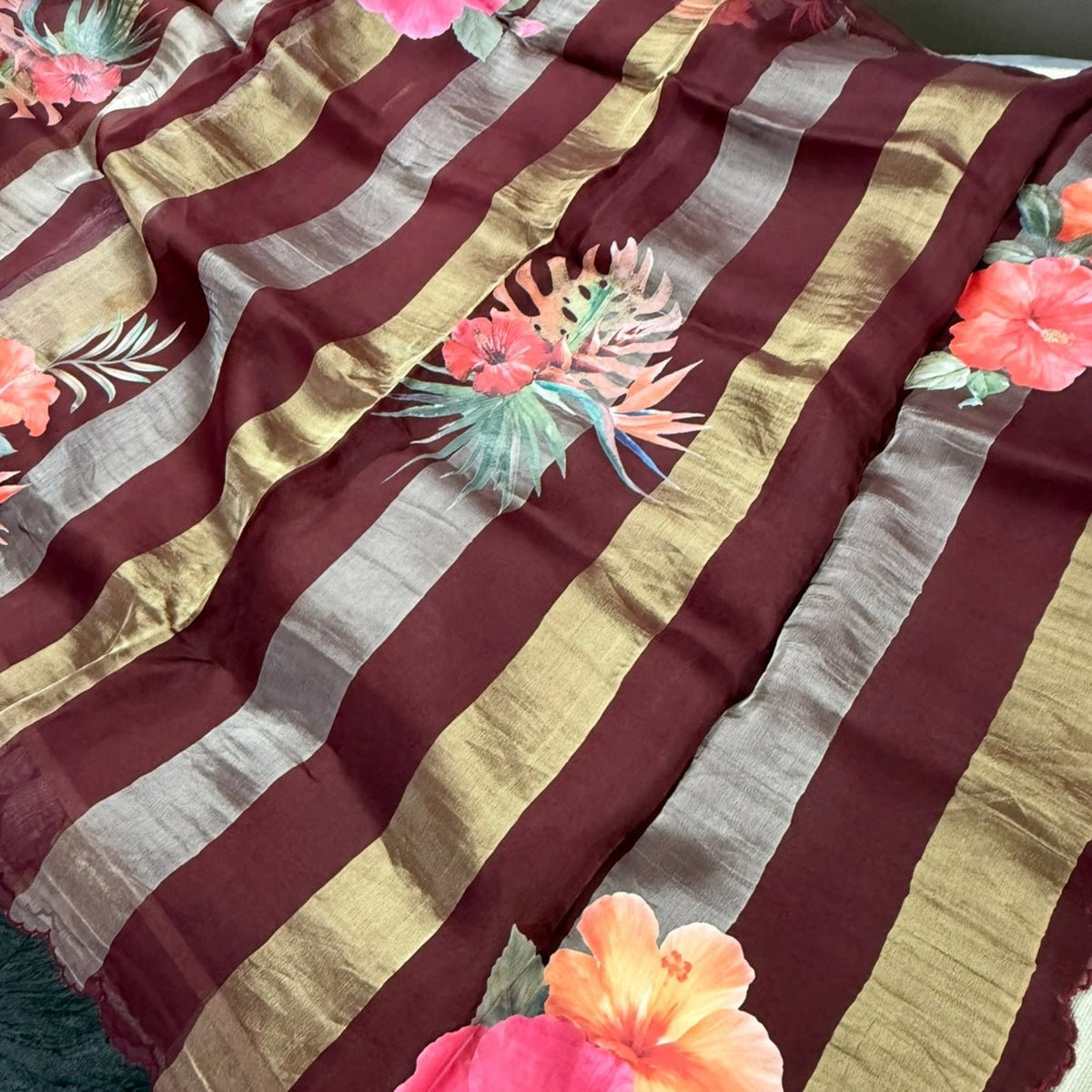 Brown Gold Stripes Floral Pure Tissue Organza Saree - Vini's Ethnic