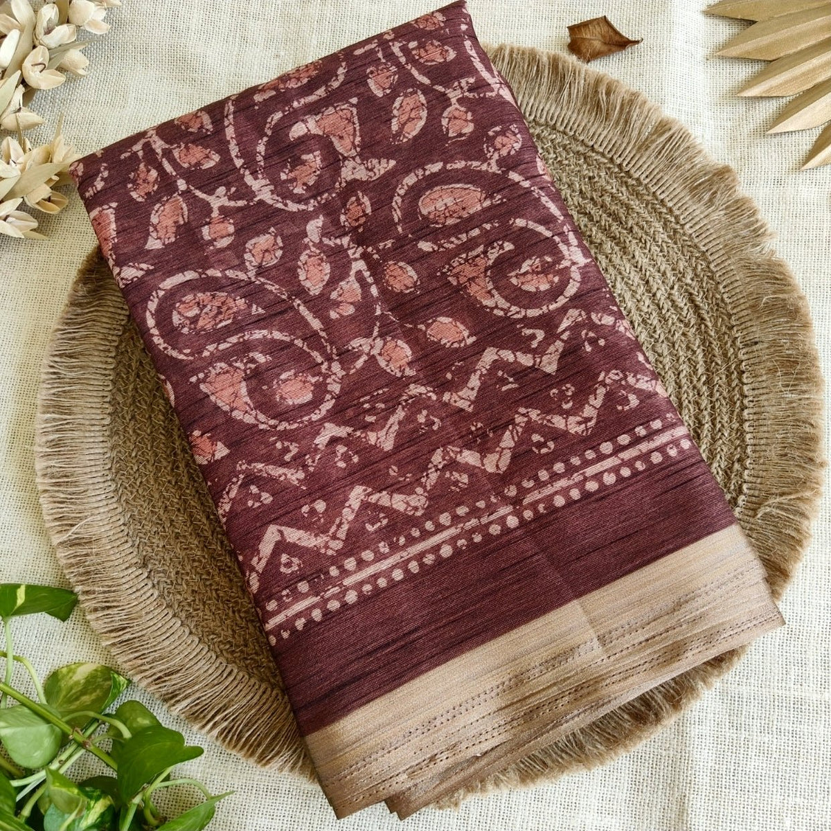 Brown Jute Mixed Cotton Saree - Vini's Ethnic
