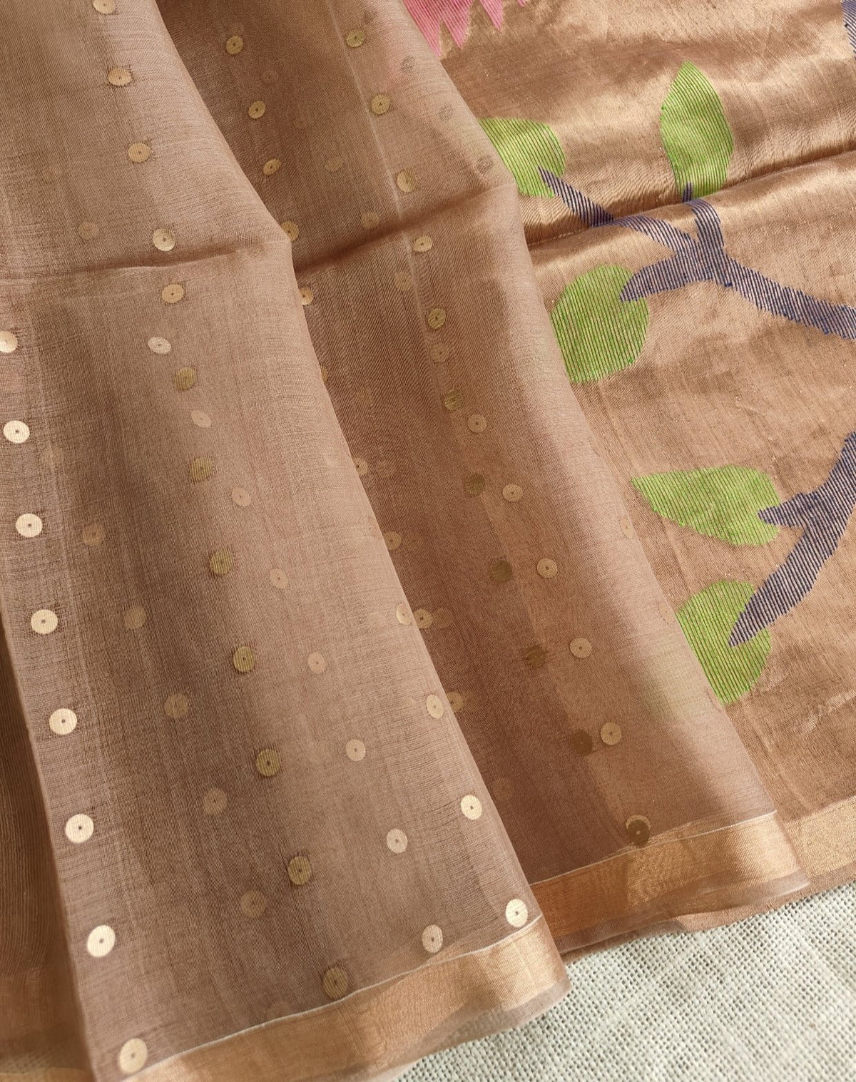 Chocolate Brown Pure Muslin Sequin Paithani Pallu Saree - Vini's Ethnic