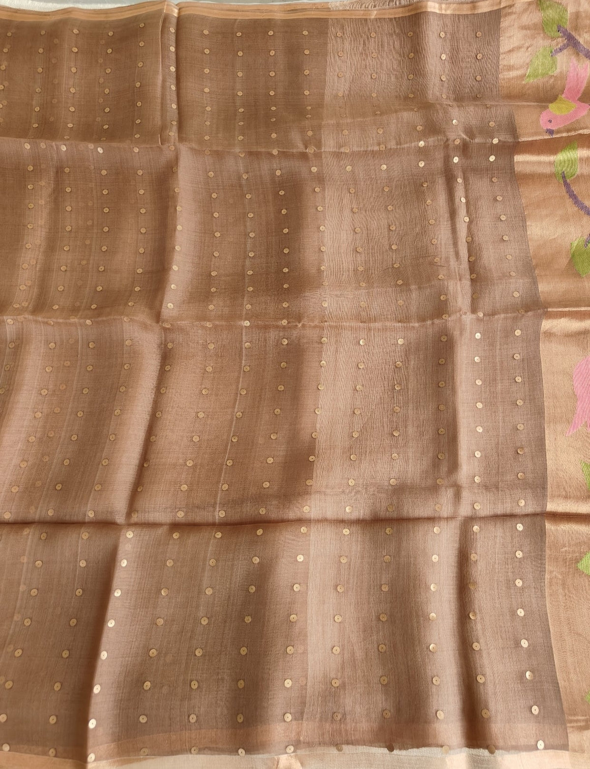 Chocolate Brown Pure Muslin Sequin Paithani Pallu Saree - Vini's Ethnic
